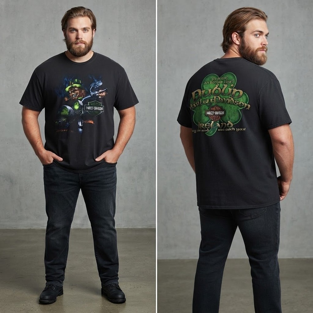 Harley-Davidson Dublin Ireland Leprechaun Biker Graphic T-Shirt Black Mens 2XL
